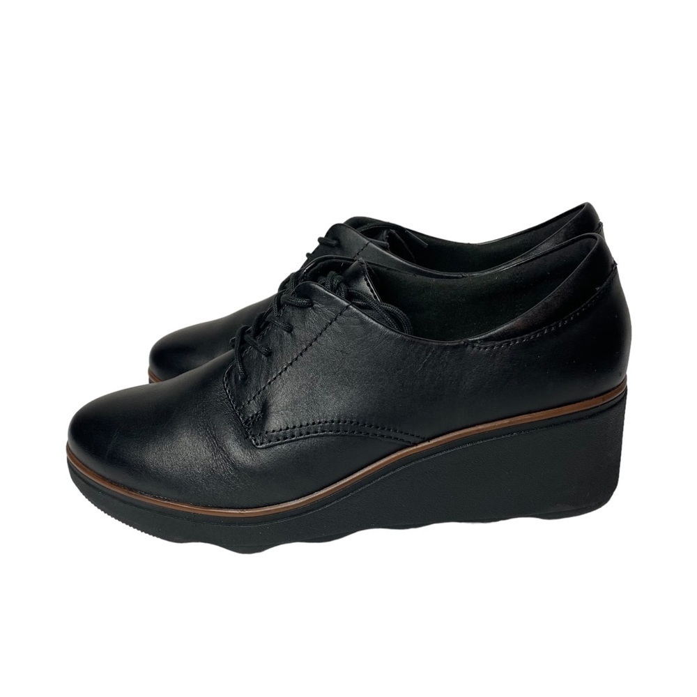Clarks Women's Sharon Noel Oxford black leather platform wedge lace up Size 9 M - Picture 4 of 8